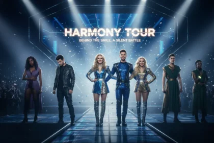 A diverse group of pop stars on stage, highlighting the contrast between the spotlight and the internal struggles of minority members.