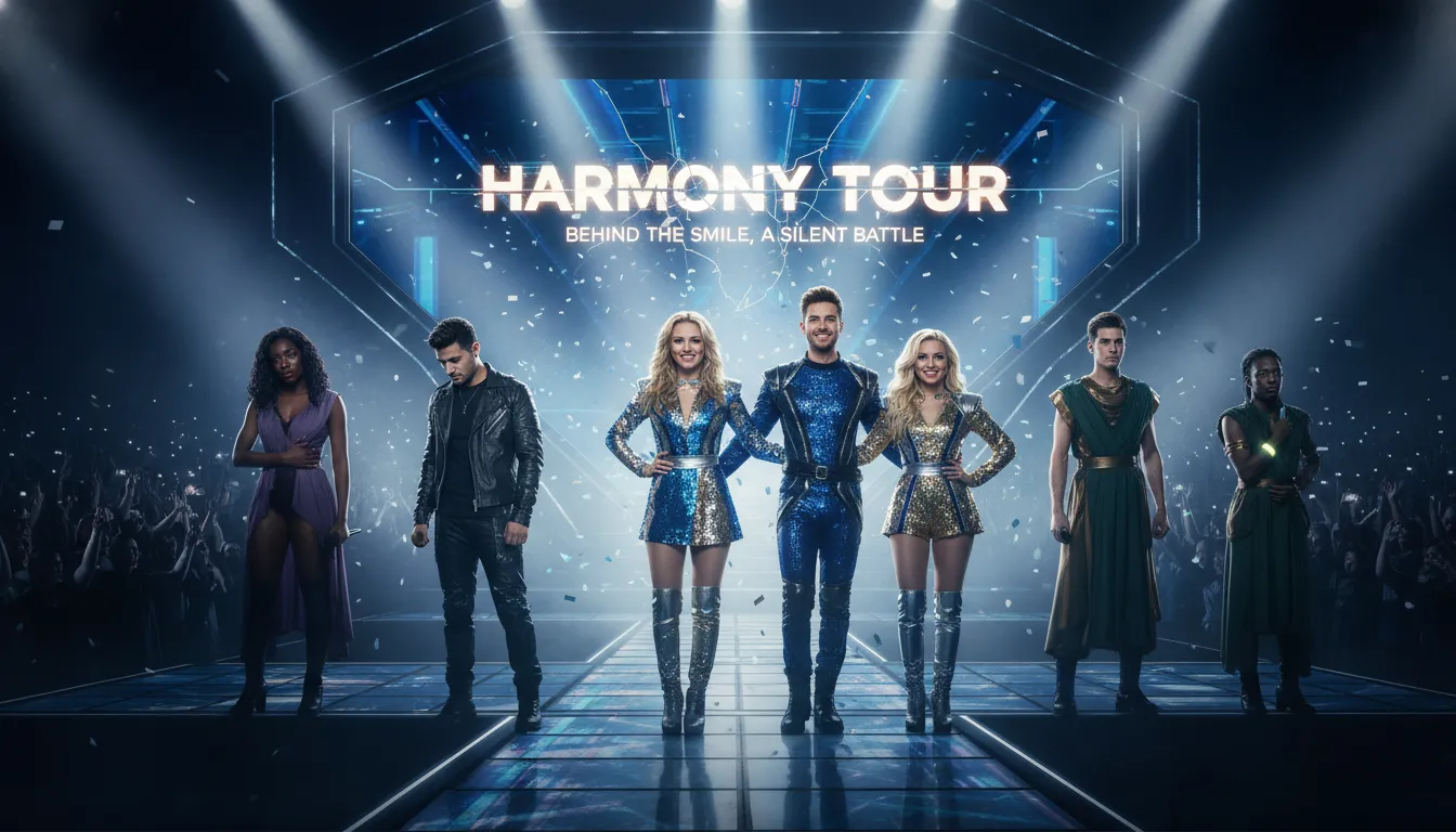 A diverse group of pop stars on stage, highlighting the contrast between the spotlight and the internal struggles of minority members.