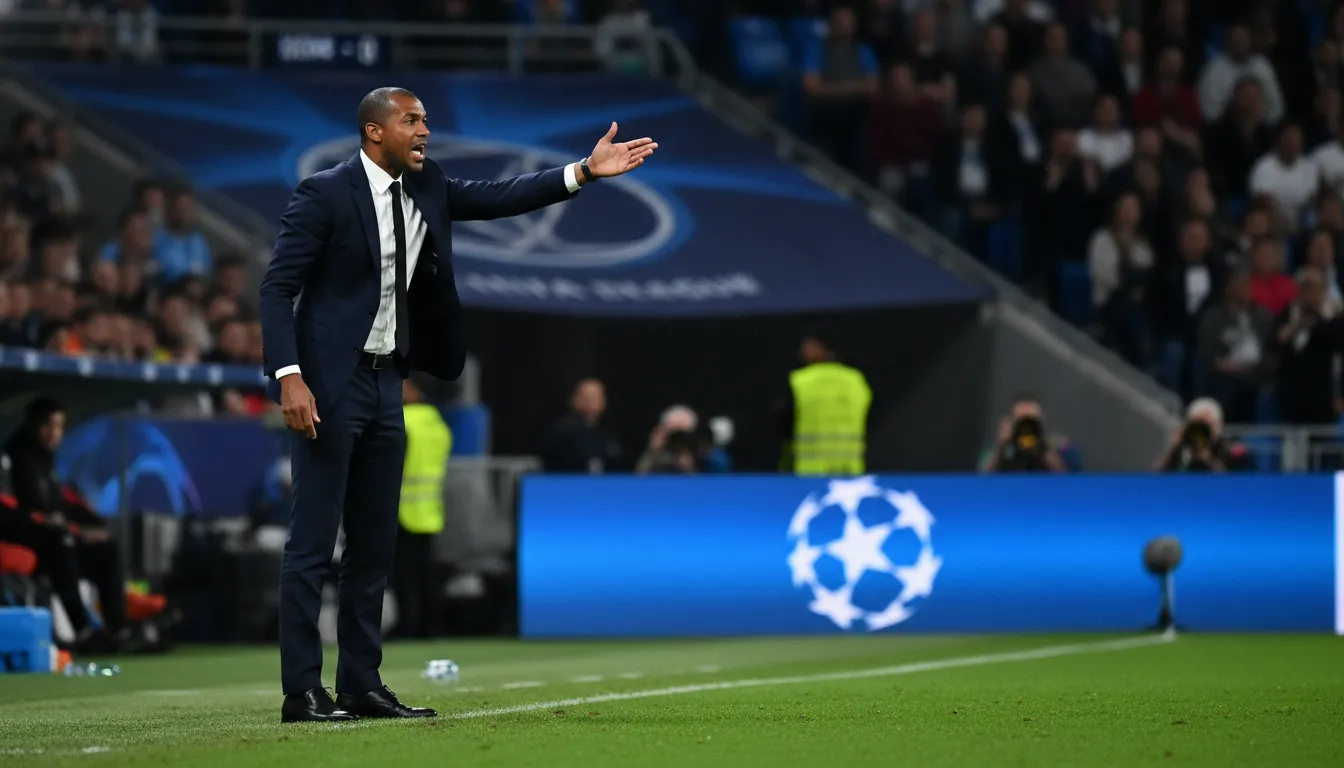 A focused Vincent Kompany gesturing on the touchline during a previous Champions League match, with the iconic UCL logo in the background.