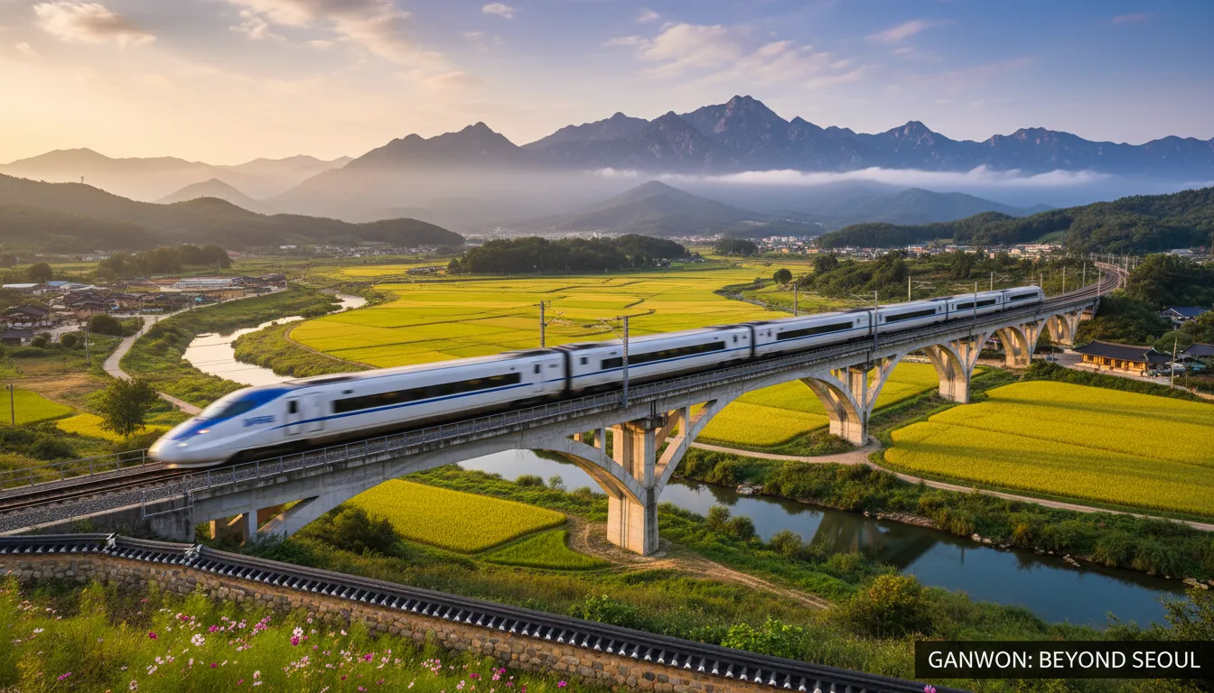 A high-speed KTX train passing through the scenic countryside of Gangwon Province, symbolizing the expansion of tourism beyond the capital.