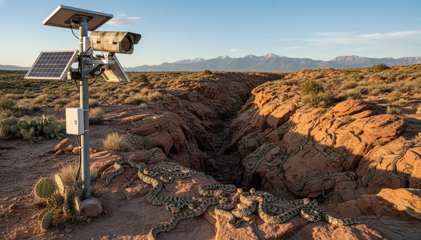 A high-tech solar-powered camera overlooking a rocky crevice in Colorado where dozens of rattlesnakes are basking in the sun.
