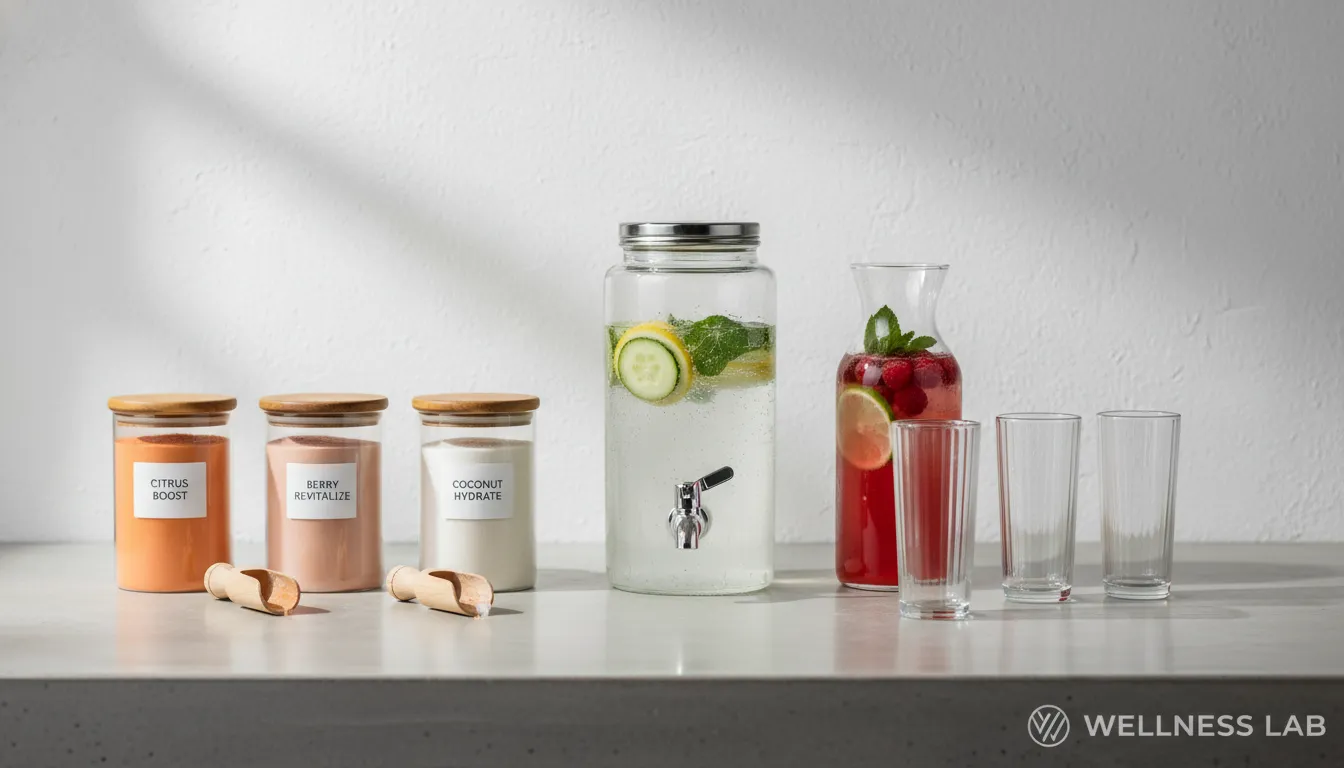 A modern, minimalist display of various electrolyte powders and natural fruit-infused waters.
