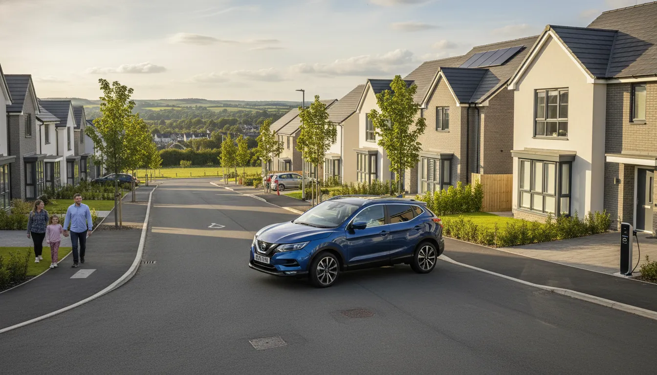 A Nissan Qashqai driving through a modern British suburb