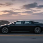 A side profile of the black Bugatti EB112 showing its fastback silhouette and horseshoe-inspired wheels