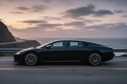 A side profile of the black Bugatti EB112 showing its fastback silhouette and horseshoe-inspired wheels