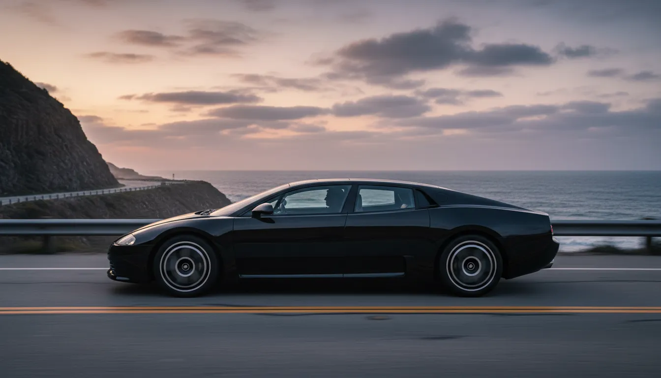 A side profile of the black Bugatti EB112 showing its fastback silhouette and horseshoe-inspired wheels
