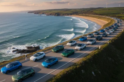 A top-down view of the 2026 UK best-selling cars lined up on a coastal road