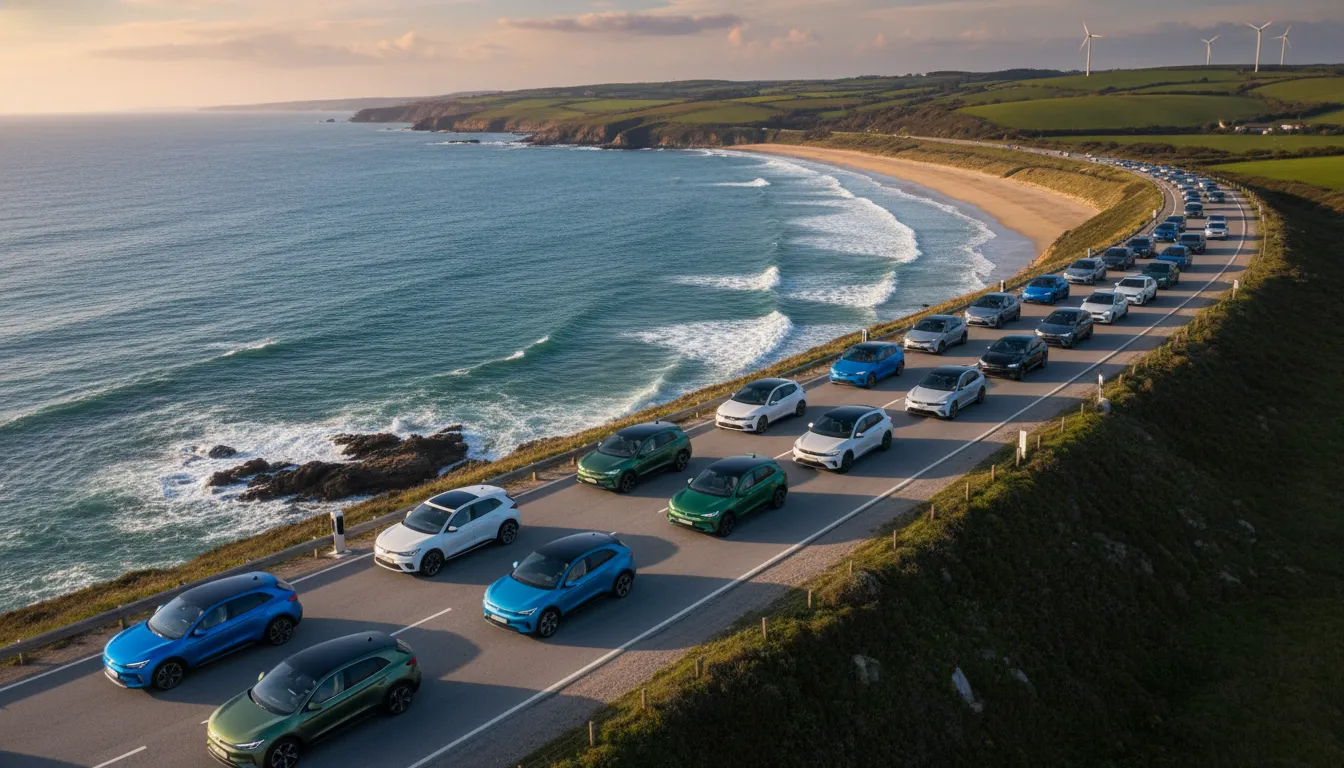 A top-down view of the 2026 UK best-selling cars lined up on a coastal road