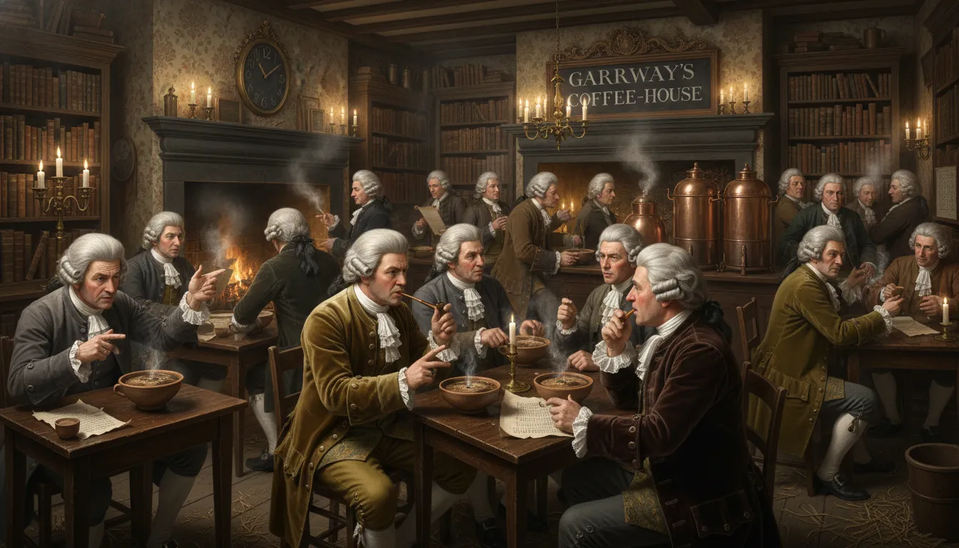 A vintage 17th-century London coffeehouse scene with patrons in powdered wigs debating over steaming bowls of coffee.