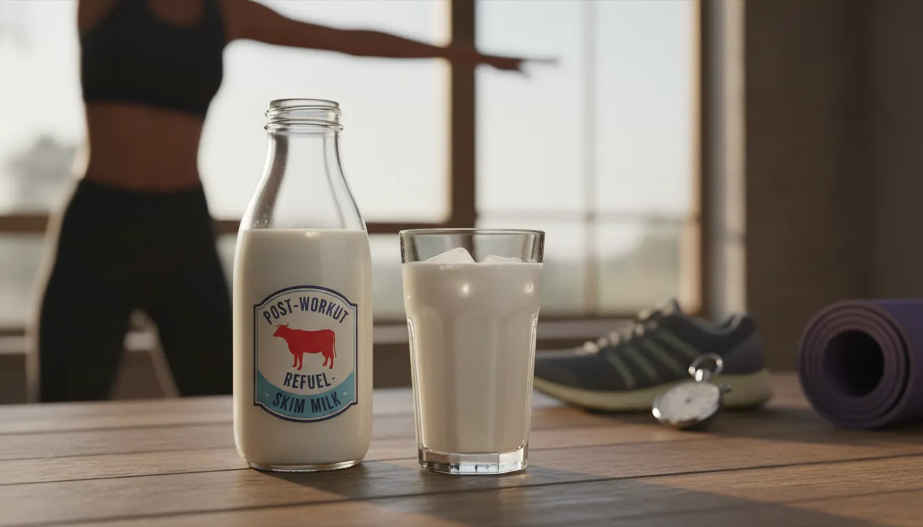 A vintage-style milk bottle next to a glass of cold, creamy skim milk, highlighting its role as a post-workout recovery tool.