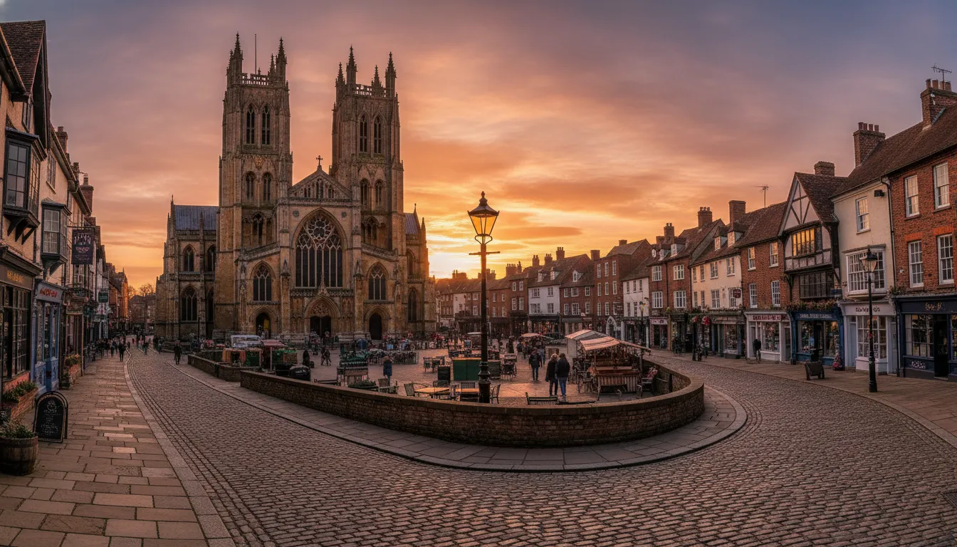 A wide shot of the historic Beverley Minster at sunset, with the town's quaint streets leading toward the market square.