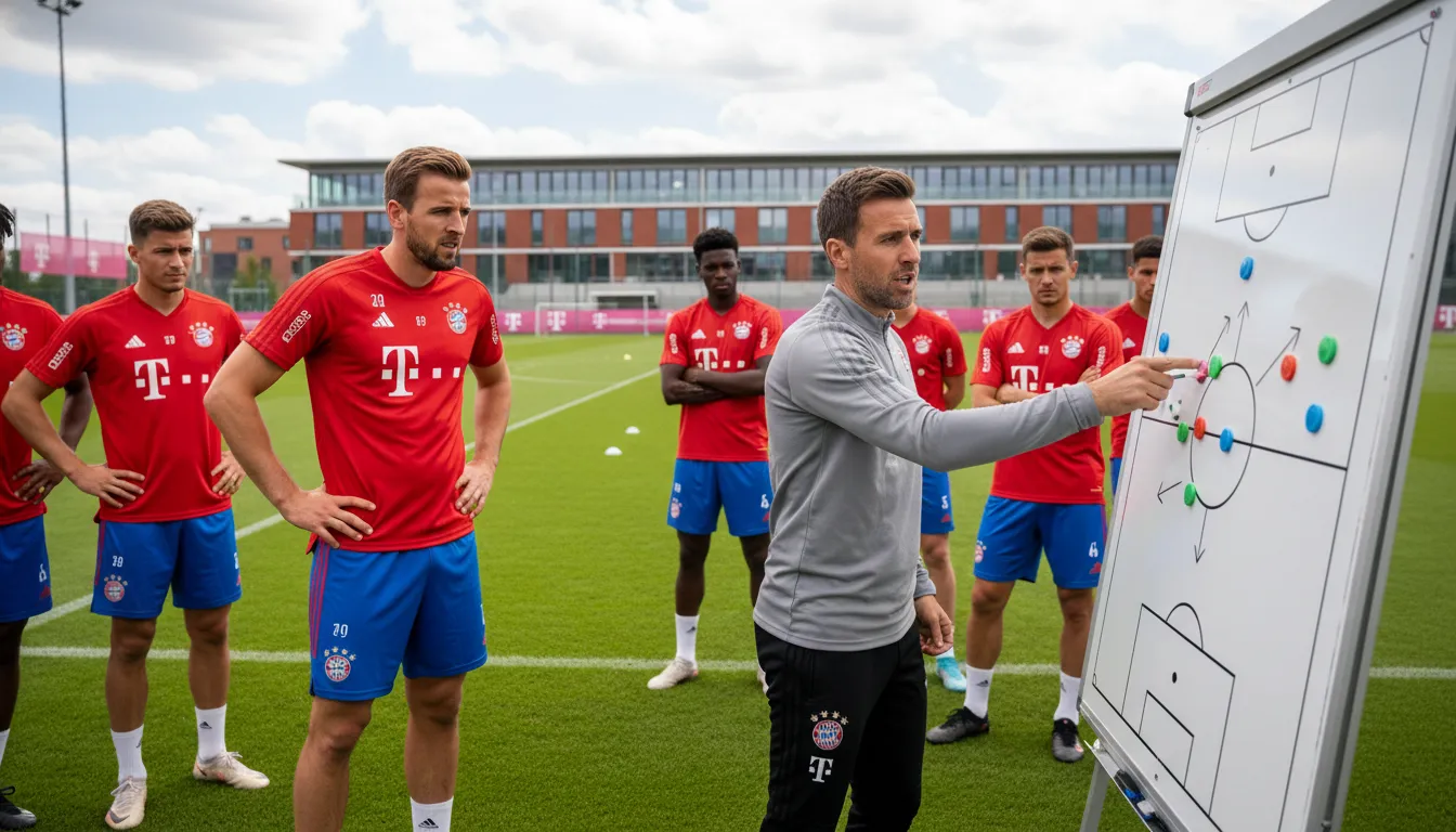 Aaron Danks leading a training session at Säbener Strasse, pointing toward a tactical board while players like Harry Kane look on.