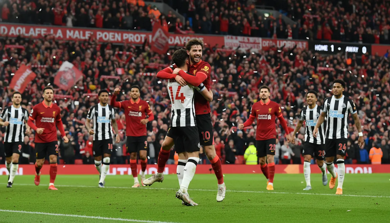 Alexander Isak and Florian Wirtz celebrating a goal together in front of the Kop