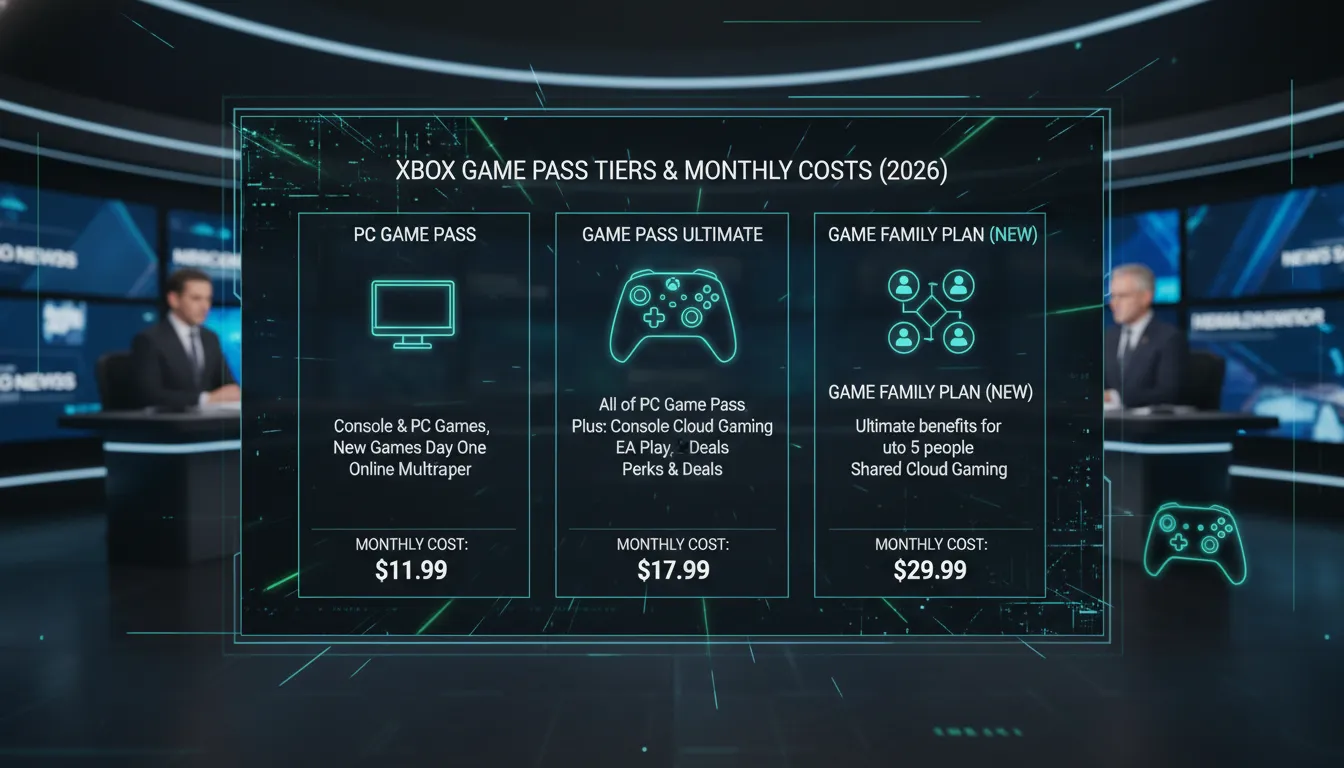 An infographic comparing the different Xbox Game Pass tiers and their monthly costs as of 2026.