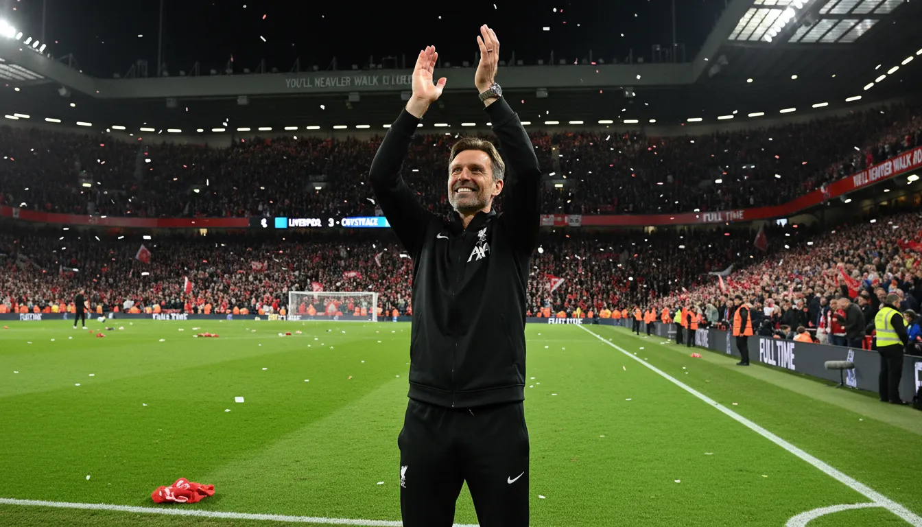 Arne Slot applauding the Anfield crowd after Liverpool's 3-1 victory over Crystal Palace.