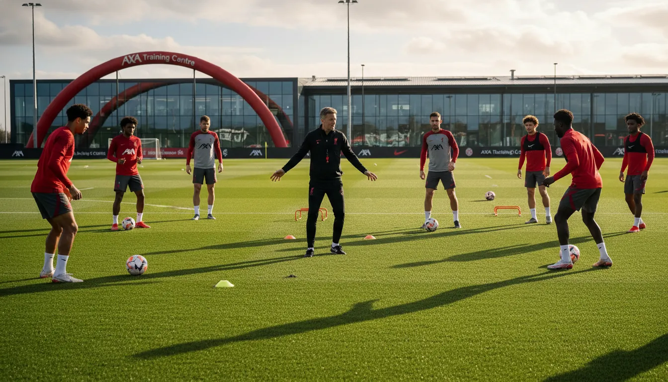 Arne Slot directing players during a training session at the AXA Training Centre