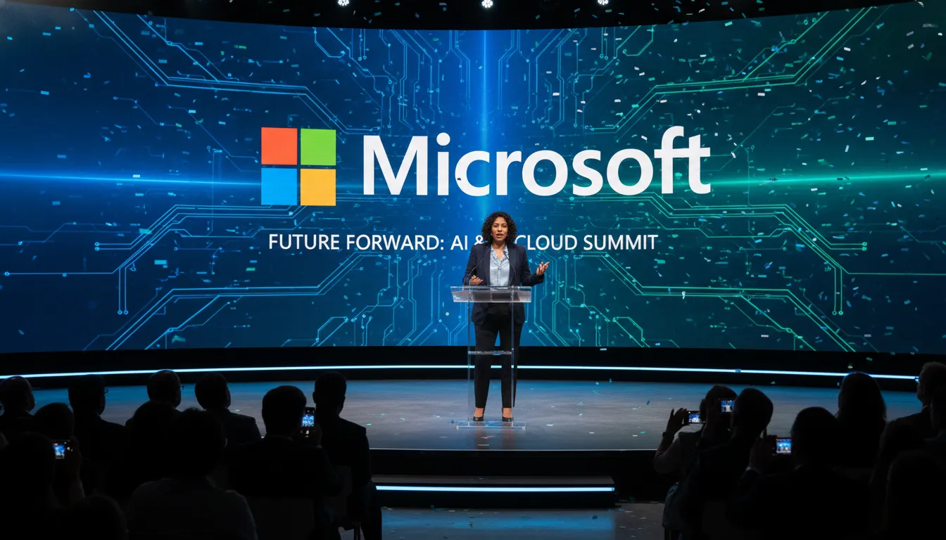 Asha Sharma speaking at a tech conference, with a Microsoft logo in the background.