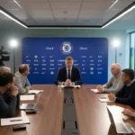 Calum McFarlane looking stern during a Chelsea press conference at Cobham training ground