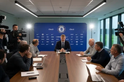 Calum McFarlane looking stern during a Chelsea press conference at Cobham training ground