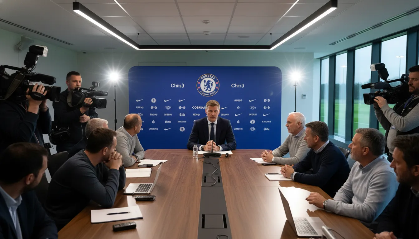 Calum McFarlane looking stern during a Chelsea press conference at Cobham training ground