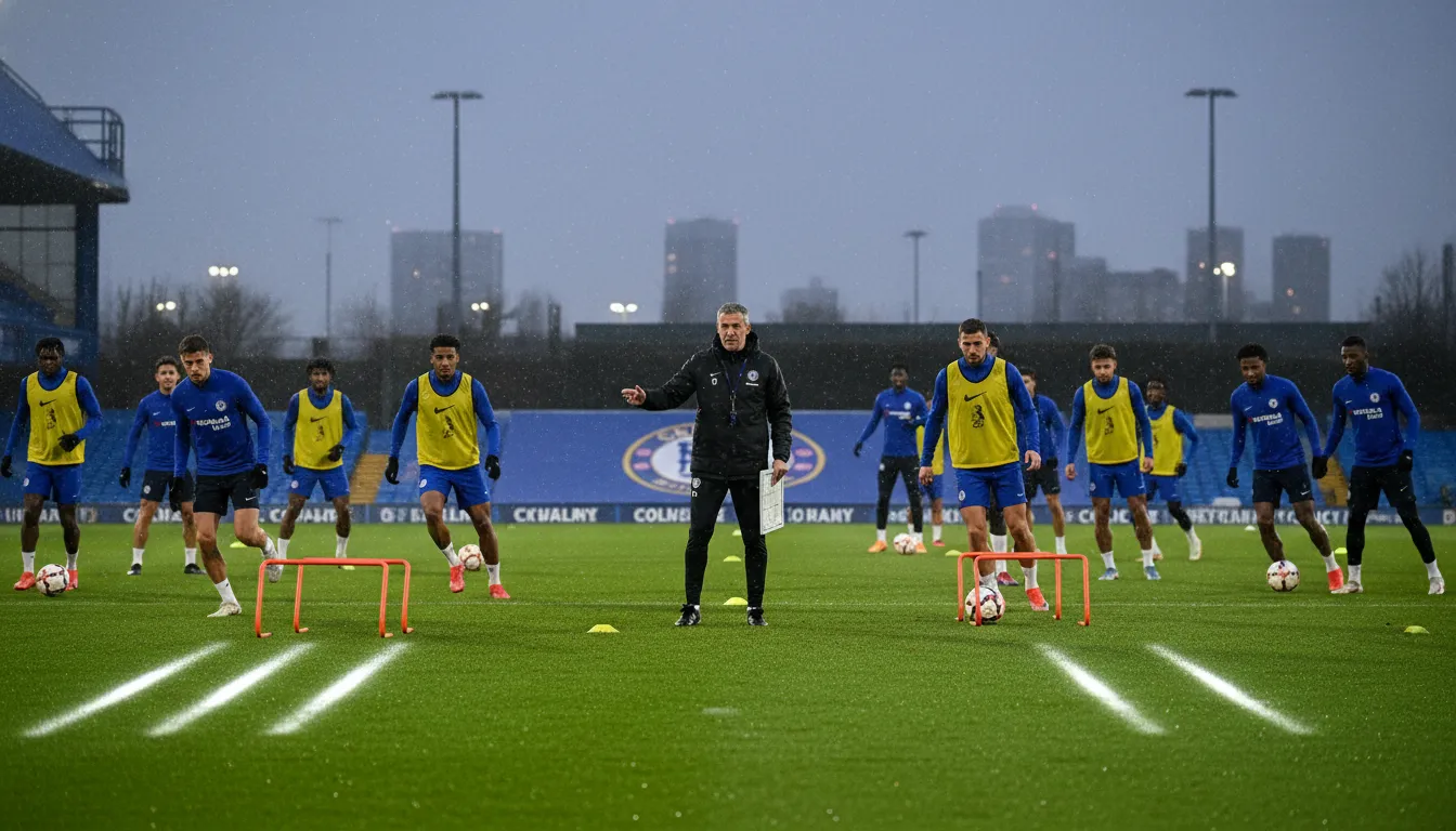 Chelsea players training intensely under the watchful eye of interim coach Calum McFarlane