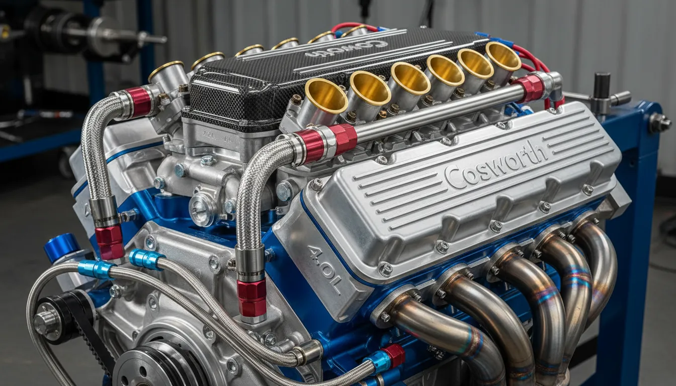 Close-up of the 4.0-liter Cosworth-fettled flat-six engine with water-cooled cylinder heads.