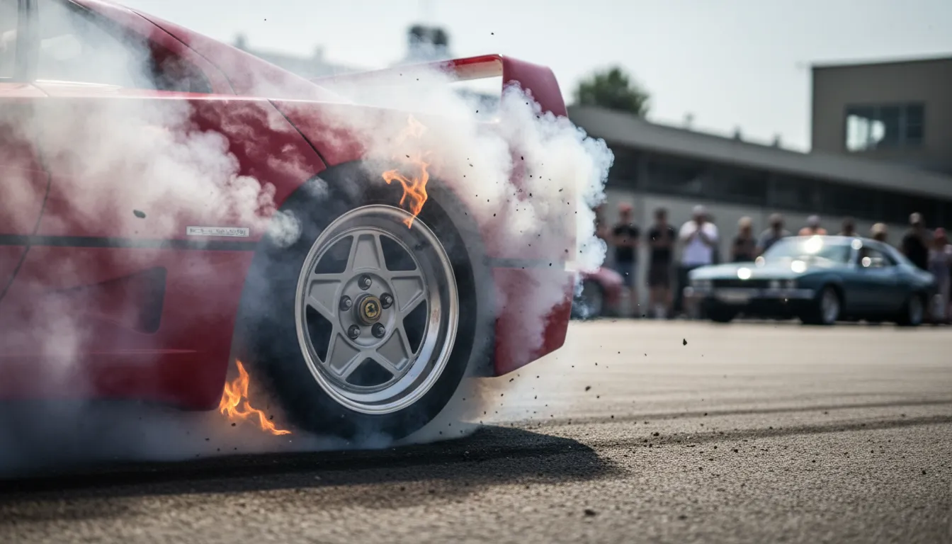 Close-up of the Ferrari F40 tires smoking during a burnout