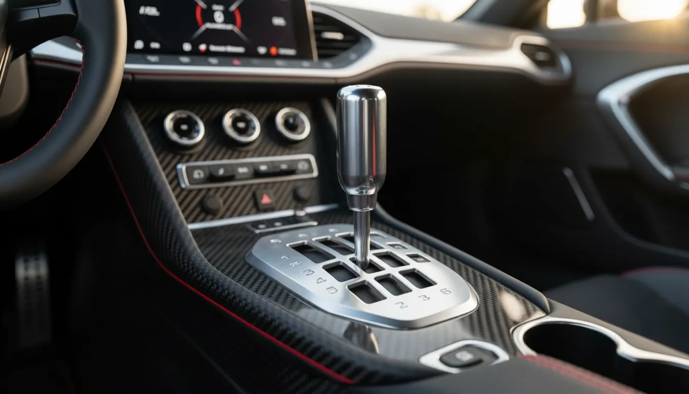Close-up of the Noble M500's exposed metal gear shifter gate