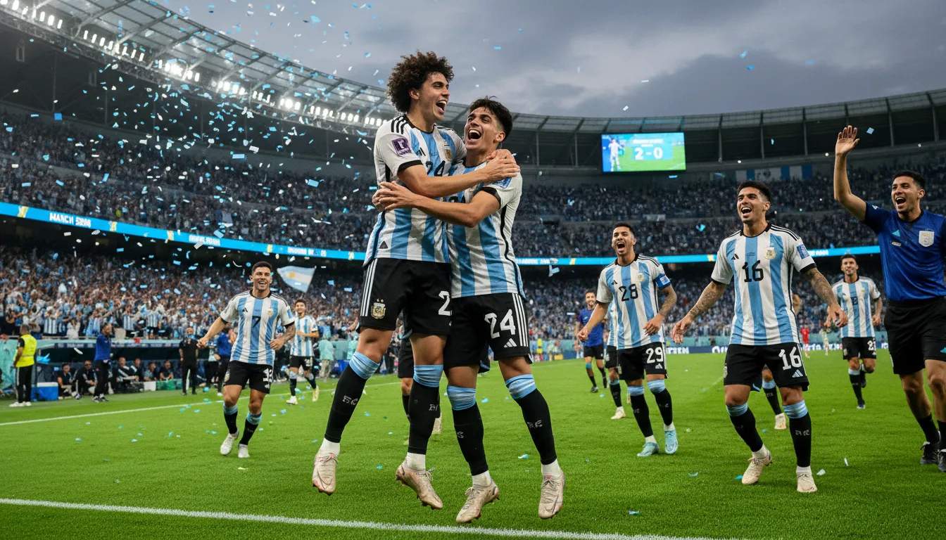 Enzo Fernández and Nico Paz celebrating a goal for Argentina during the March 2026 friendlies.