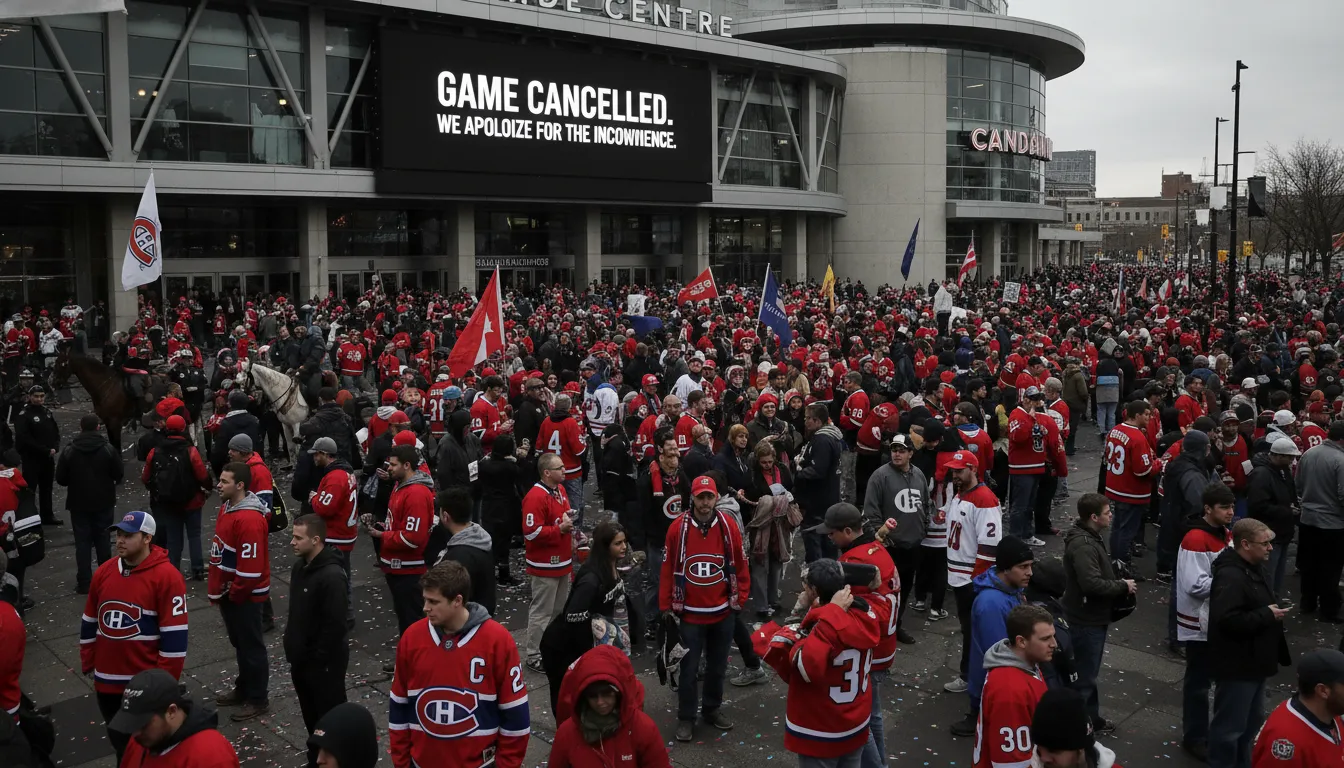 Fans gathered outside the Bell Centre in Montreal, looking disappointed after the cancellation announcement.