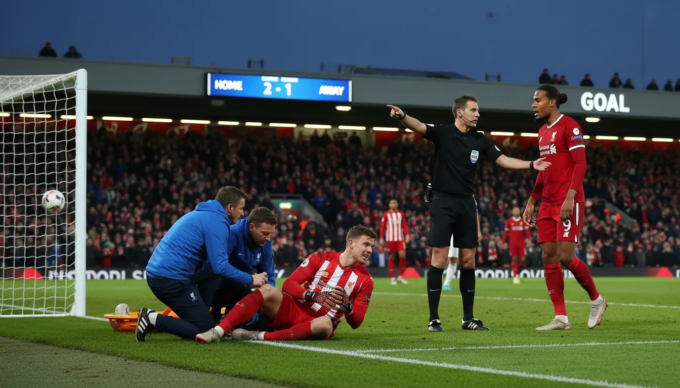 Frederick Woodman receiving treatment on the pitch as the referee discusses the goal with Virgil van Dijk.