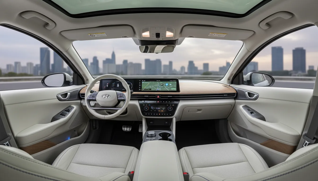 Interior view of the Hyundai Ioniq 3 highlighting the flat floor and the 14.6-inch central infotainment screen.