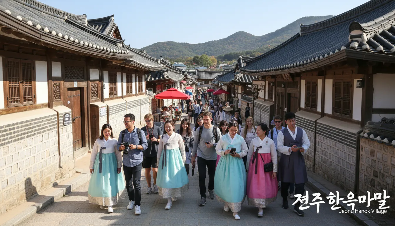 International tourists exploring the traditional Hanok villages in Jeonju, a popular regional destination.