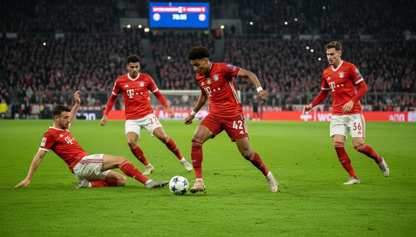 Jamal Musiala dribbling past Mainz defenders