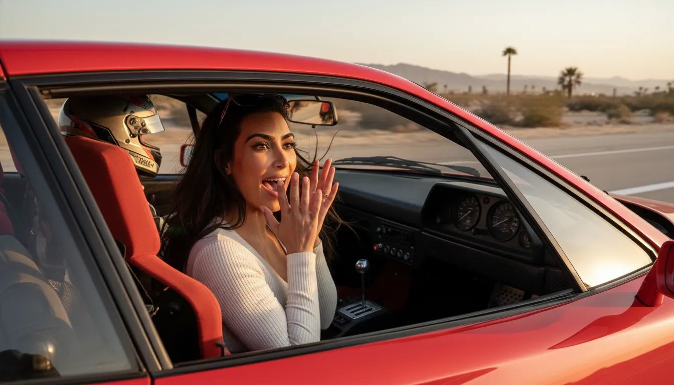 Kim Kardashian reacting inside the passenger seat of the Ferrari F40