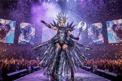 Lady Gaga performing on stage during her Mayhem Ball Tour, wearing a dramatic avant-garde costume.