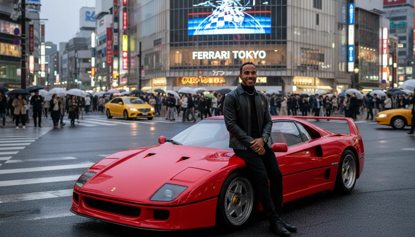 Lewis Hamilton posing with the Ferrari F40 in Tokyo