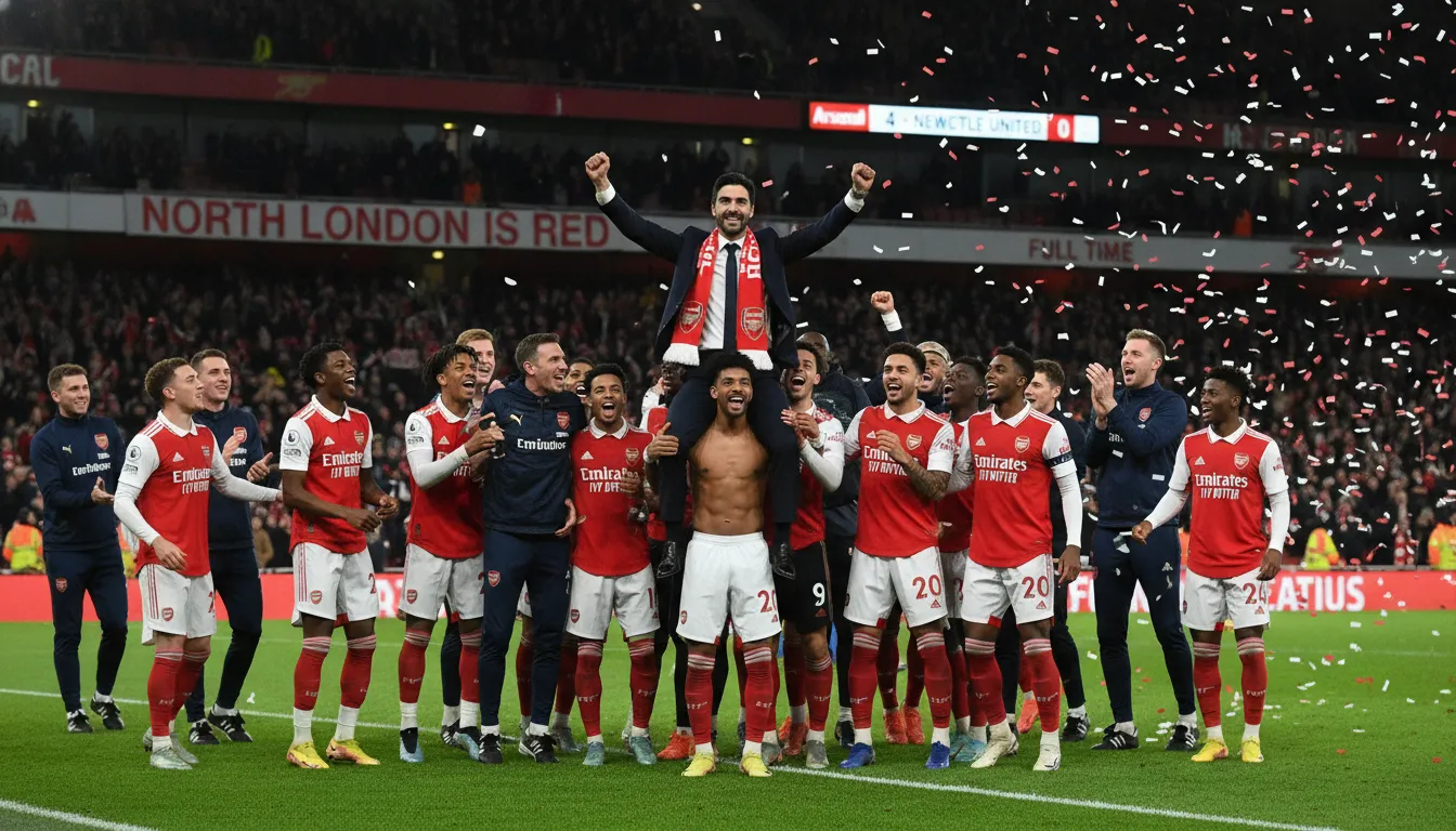 Mikel Arteta celebrating with the Arsenal squad after the final whistle against Newcastle United.