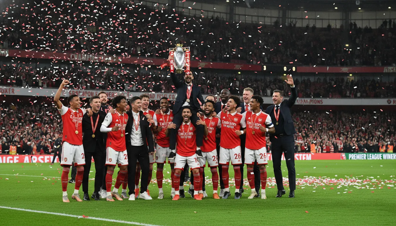 Mikel Arteta celebrating with the Arsenal squad at the Emirates Stadium