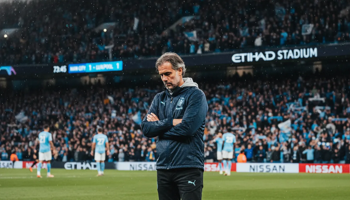 Pep Guardiola looking pensive on the touchline during a Manchester City match