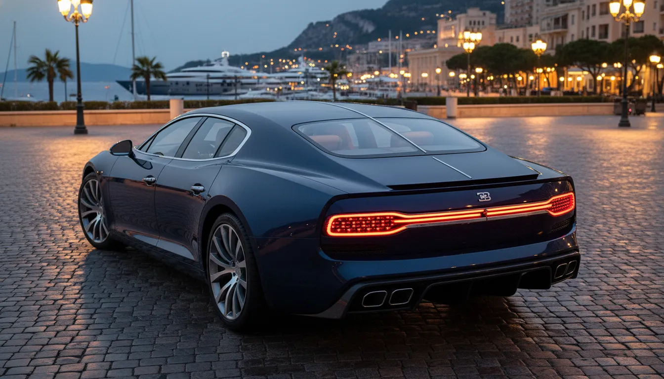 Rear view of the Bugatti EB112 highlighting the split rear window and integrated spoiler