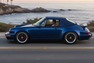 Side profile of the Singer Porsche 911 Carrera Cabriolet in Pacific Blue with the Z-fold roof stowed.