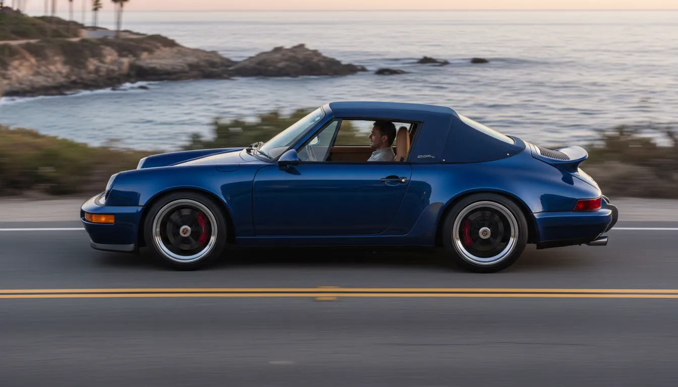 Side profile of the Singer Porsche 911 Carrera Cabriolet in Pacific Blue with the Z-fold roof stowed.