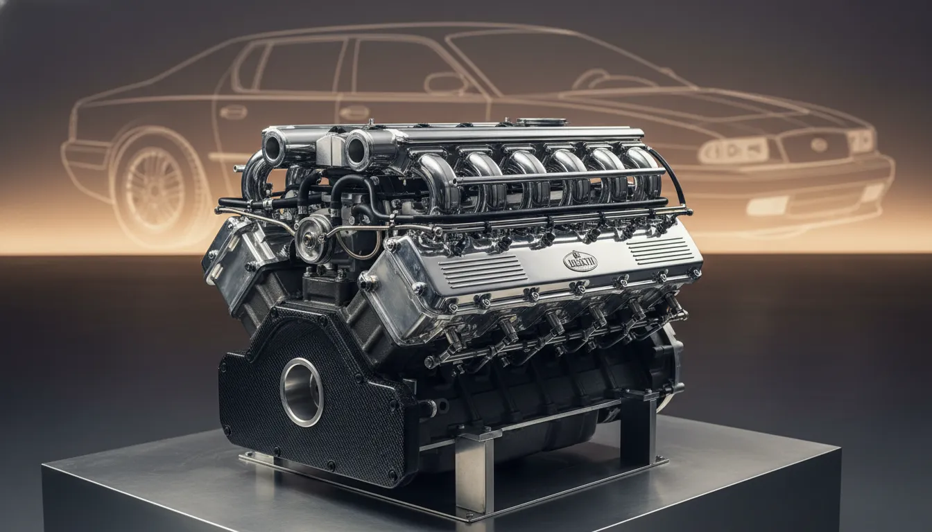 The 6.0-litre V12 engine of the Bugatti EB112 with its polished intake manifolds