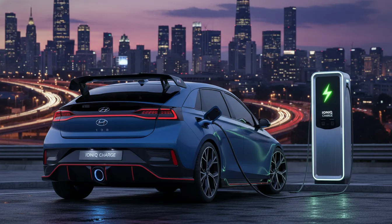 The Hyundai Ioniq 3 N-Line parked next to a charging station, showing off its sporty diffuser and spoiler.