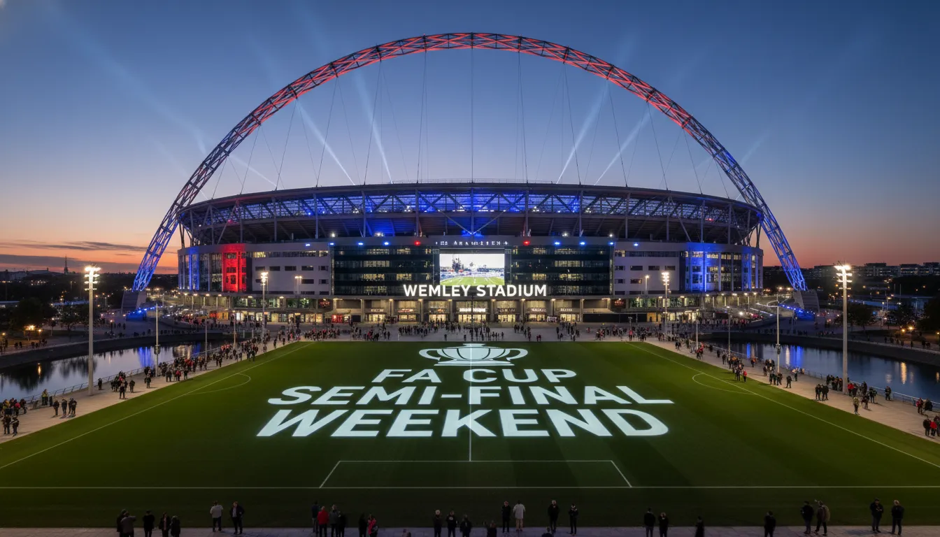 The iconic Wembley Stadium arch lit up ahead of the FA Cup semi-final weekend