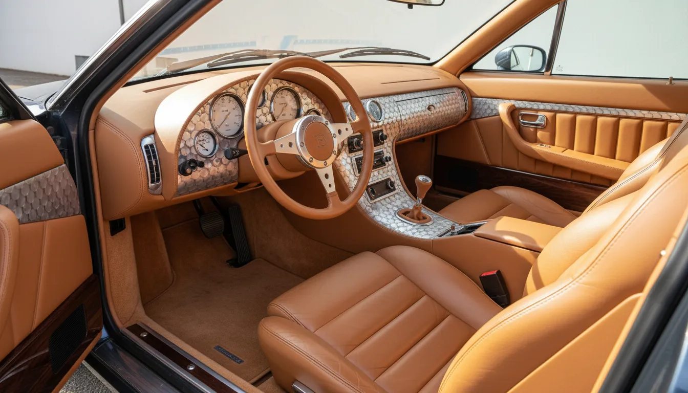 The interior of the Bugatti EB112 featuring tan leather and the unique Perlée metal dashboard finish
