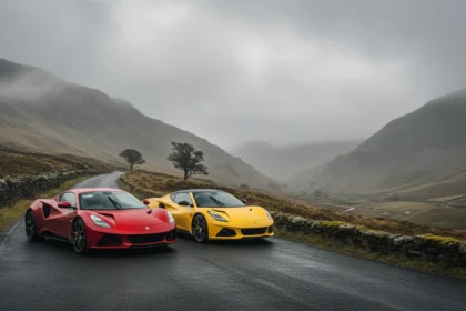 The Noble M500 and Lotus Emira parked side-by-side on a misty Welsh mountain road