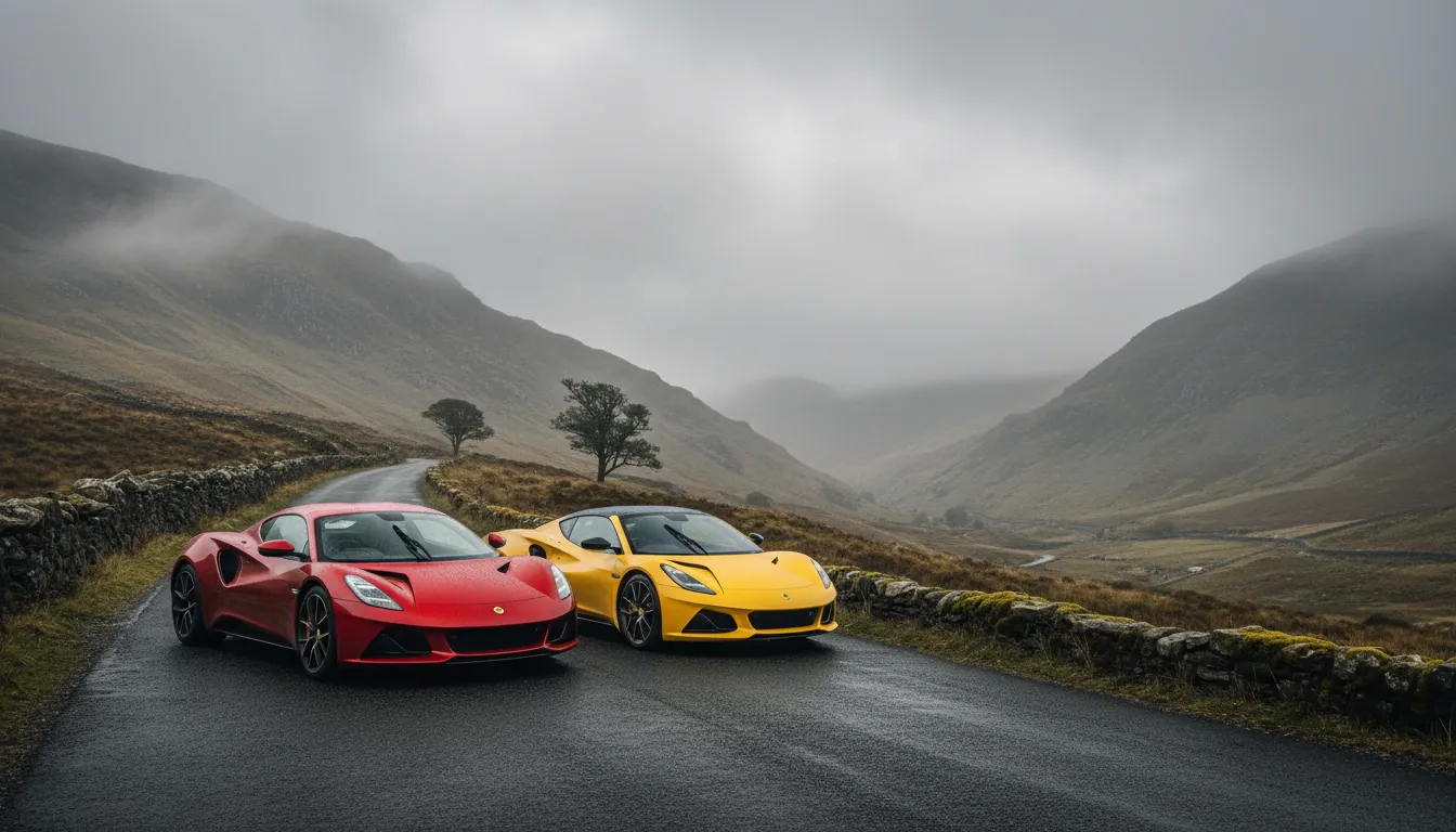 The Noble M500 and Lotus Emira parked side-by-side on a misty Welsh mountain road