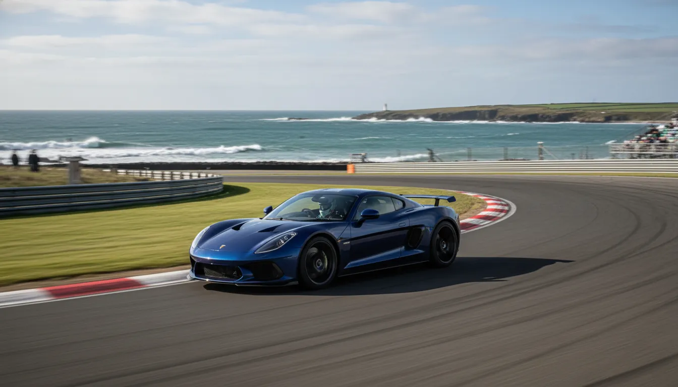 The Noble M500 cornering hard at Anglesey Circuit with the Irish Sea in the background